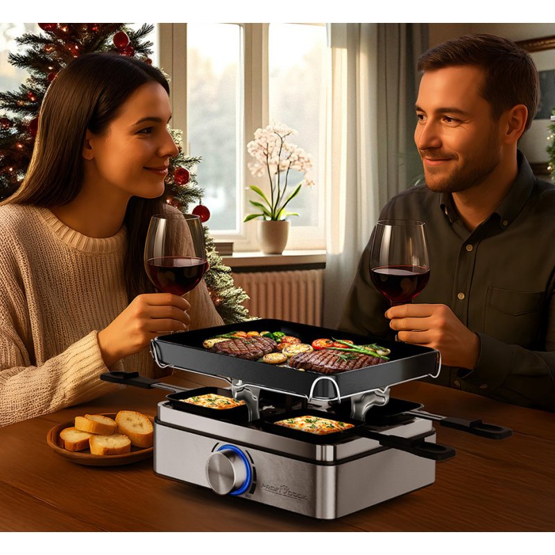 PROFI COOK Raclette-gril PC-RG 1301, acier inoxydable/noir, boîtier en acier inoxydable, revêtement antiadhésif, 4 personnes